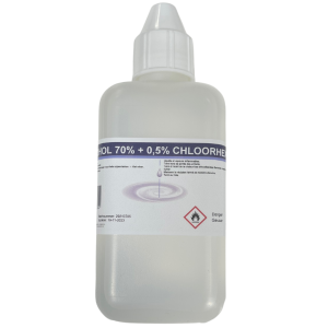 Alcohol Podior 70% + 0.5% Chloorhexidine 250ml is een desinfectievloeistof geschikt voor het ontsmetten van de huid, instrumenten en oppervlakken.