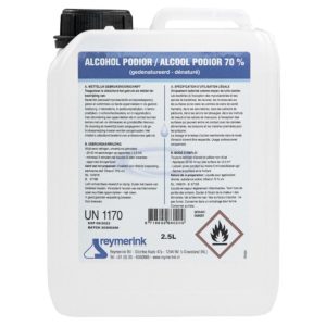 Alcohol Podior 70% 2,5L Een desinfectievloeistof op basis van gedenatureerde ethanol. Geschikt voor het ontsmetten van de huid, instrumentaria en oppervlakken.