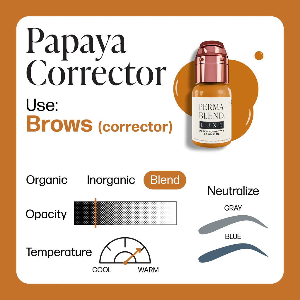 Gebruik de Papaya corrector voor het neutraliseren van grijs / blauwe PMU wenkbrauwen. Papaya Corrector is een hybride pigment met warme temperatuur en een hogere opaciteit. Dit pigment bevat titaniumdioxide (tiO2). Gebruik de Rescue Correctors toners voor het neutraliseren van oude PMU wenkbrauwen.