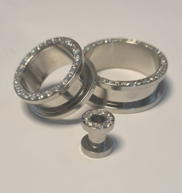 Titanium Tunnel Screw-fit Silver with Diamonds ring ( G23 Titanium )